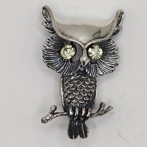 Vintage BEAU Sterling Silver Owl With Yellow Crystal Eyes Pin Brooch